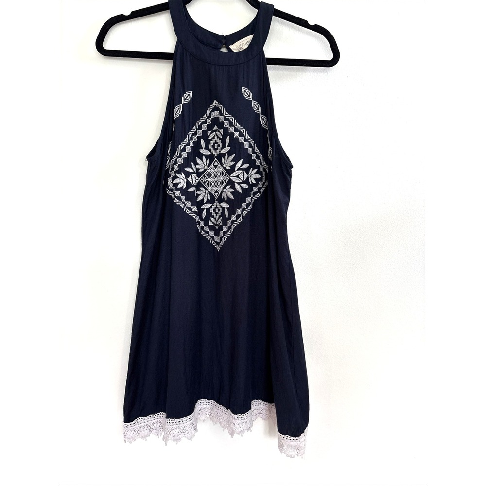 Sweet Wanderer Navy‎ Blue Halter Top Embroidered Lace Boho Blouse Small SJ3955